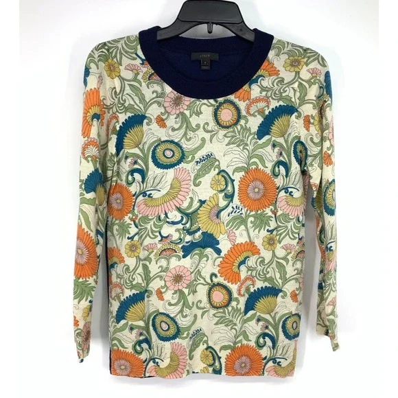 J.Crew Sweater Womens Size Small 100% Merino Wool Paisley Floral Crew 3/4 Sleeve - Picture 2 of 8